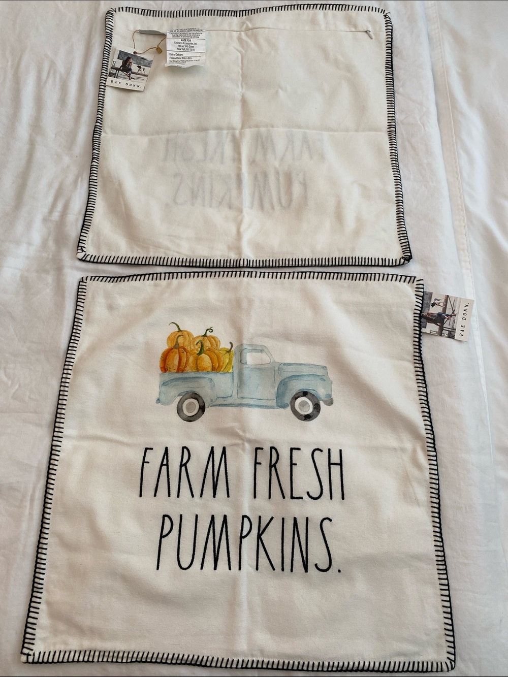 Rae Dunn White (eggshell) Pillow Covers with Blue Truck & Orange Pumpkins